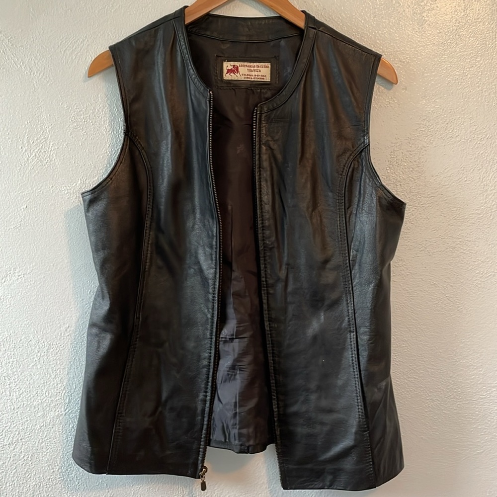 Artesanias En Ceuro Y Gamuza Mexican Leather Vest Black Full Zip‎ Fitted Small - Picture 3 of 12